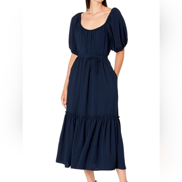 Karen Kane Navy Blue Fit And Flare Puff Sleeve Tea-Length Dress Size Large - Picture 1 of 11